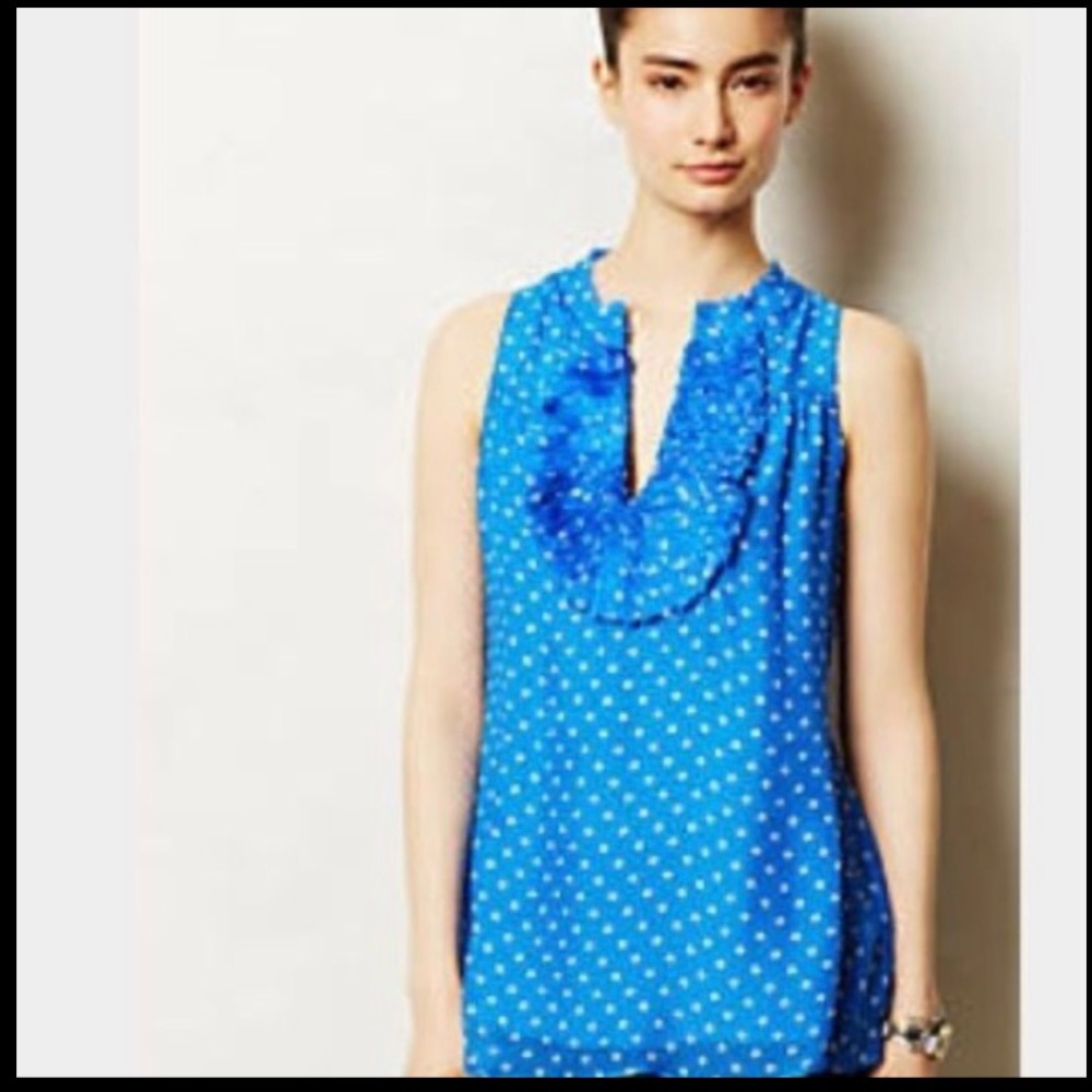 Anthropologie NWT Tassel Aperire Silk Blue Sleeveless Blouse Top, Size L
